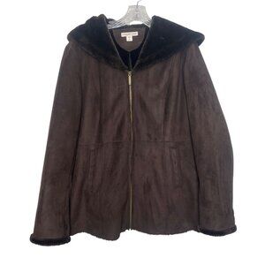 Coldwater Creek Faux Fur Hooded Coat Womens Medium Brown Winter